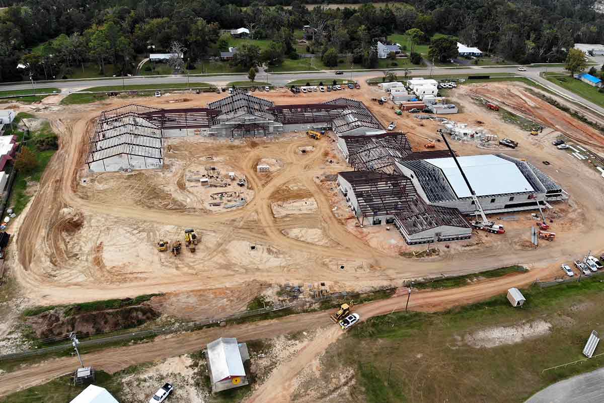 An aerial of 15 buildings under construction that comprise the 82,000 sq ft known as Liberty High School in Bristol, Florida. 